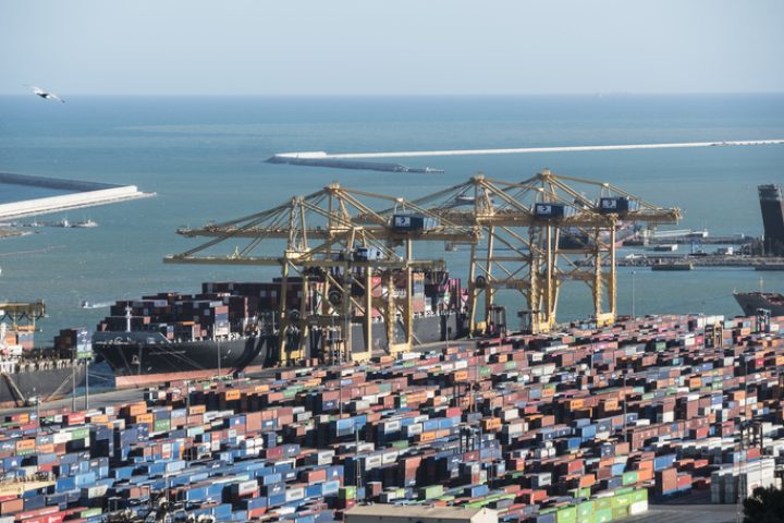 BARCELONA, SPAIN - APRIL 24, 2019: Container Terminal of Barcelona,Spain. Fotograph taken from Mont Juic.